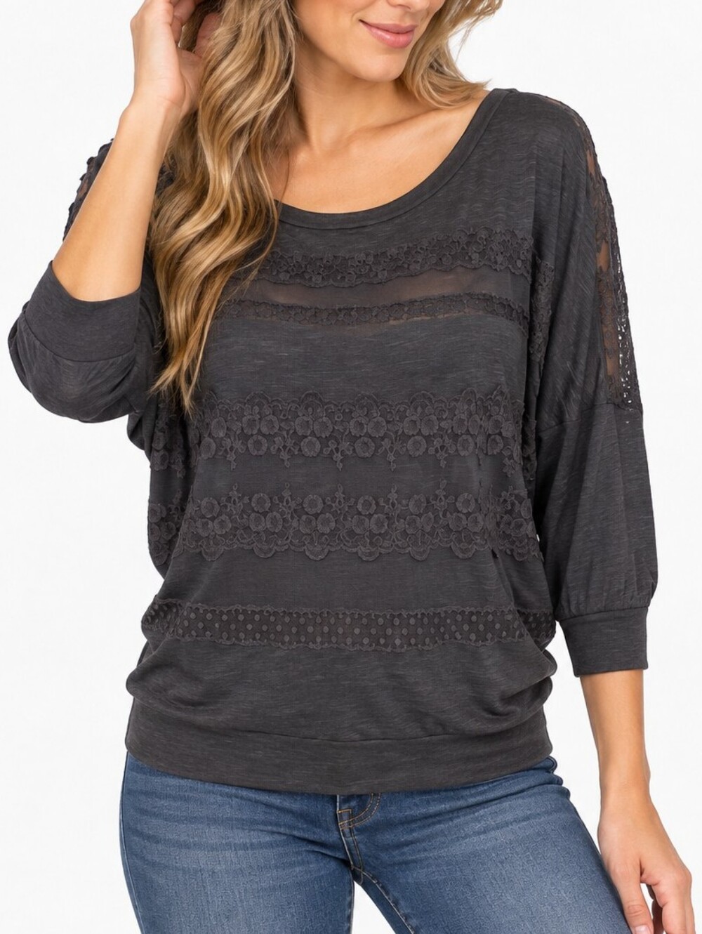 JOLT Dark Gray Mesh Lace Back Dolman-Sleeve Slub Top – Small